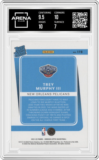 Trey Murphy III from the 2021-22 Panini Donruss Optic set graded by Arena Club and given an overall grade of 7.5.