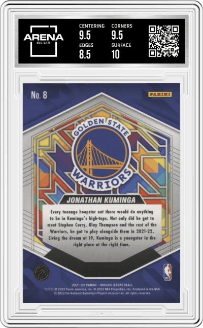 Jonathan Kuminga from the 2021-22 Panini Mosaic  set graded by Arena Club and given an overall grade of 9.