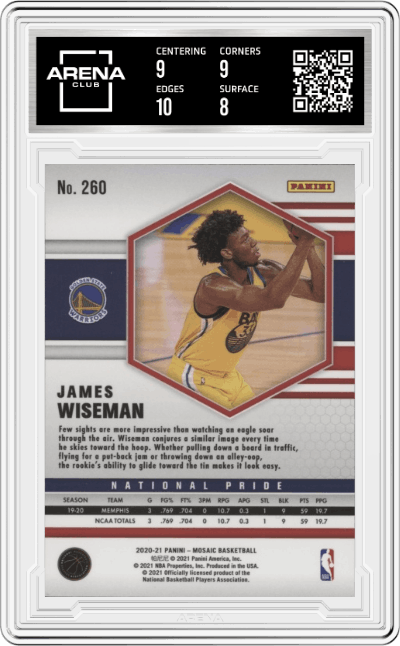 James Wiseman from the 2020-21 Panini Mosaic set graded by Arena Club and given an overall grade of 8.5.