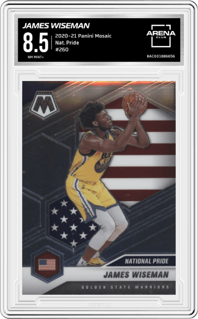 James Wiseman from the 2020-21 Panini Mosaic set graded by Arena Club and given an overall grade of 8.5.