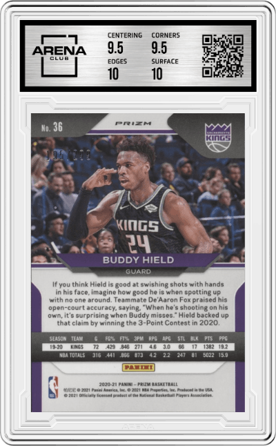 Buddy Hield from the 2020-21 Panini Prizm set featuring a Red Prizm parallel graded by Arena Club and given an overall grade of 10.
