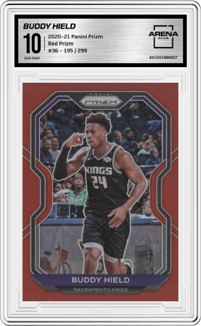 Buddy Hield from the 2020-21 Panini Prizm set featuring a Red Prizm parallel graded by Arena Club and given an overall grade of 10.