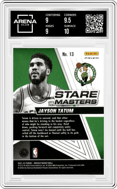 Jayson Tatum from the 2021-22 Panini Mosaic  set featuring a Silver Mosaic parallel graded by Arena Club and given an overall grade of 9.5.