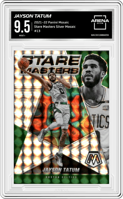 Jayson Tatum from the 2021-22 Panini Mosaic  set featuring a Silver Mosaic parallel graded by Arena Club and given an overall grade of 9.5.