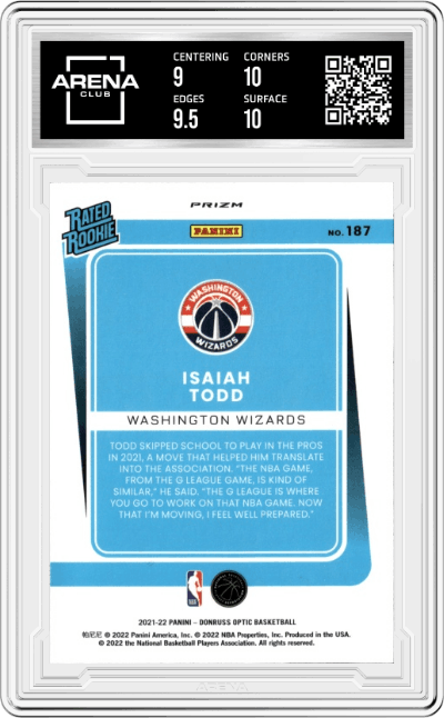 Isaiah Todd from the 2021-22 Panini Donruss Optic set featuring a Choice
 parallel graded by Arena Club and given an overall grade of 9.5.