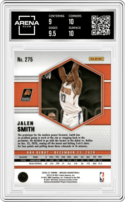 Jalen Smith from the 2020-21 Panini Mosaic set featuring a Silver  parallel graded by Arena Club and given an overall grade of 9.5.