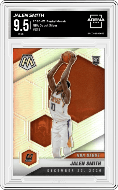 Jalen Smith from the 2020-21 Panini Mosaic set featuring a Silver  parallel graded by Arena Club and given an overall grade of 9.5.