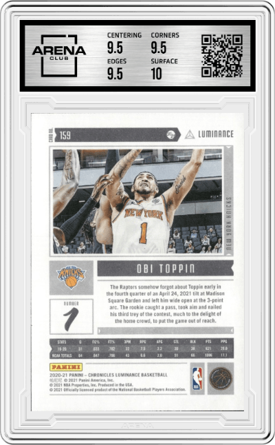 Obi Toppin from the 2020-21 Panini Chronicles set graded by Arena Club and given an overall grade of 10.