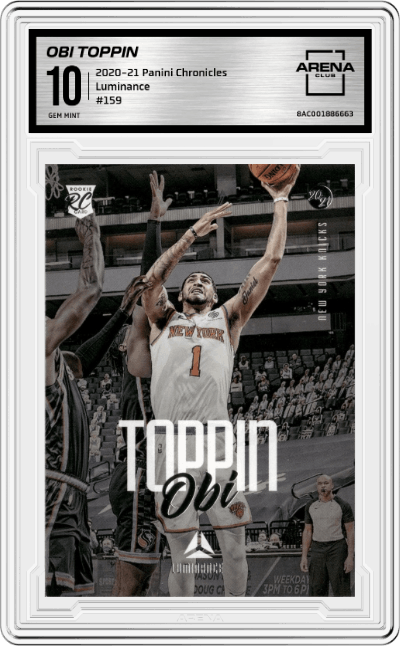 Obi Toppin from the 2020-21 Panini Chronicles set graded by Arena Club and given an overall grade of 10.