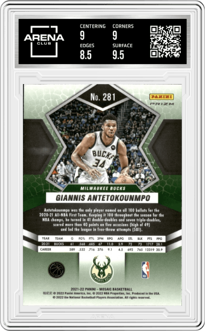 Giannis Antetokounmpo from the 2021-22 Panini Mosaic  set featuring a Red Mosaic parallel graded by Arena Club and given an overall grade of 9.