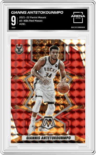 Giannis Antetokounmpo from the 2021-22 Panini Mosaic  set featuring a Red Mosaic parallel graded by Arena Club and given an overall grade of 9.