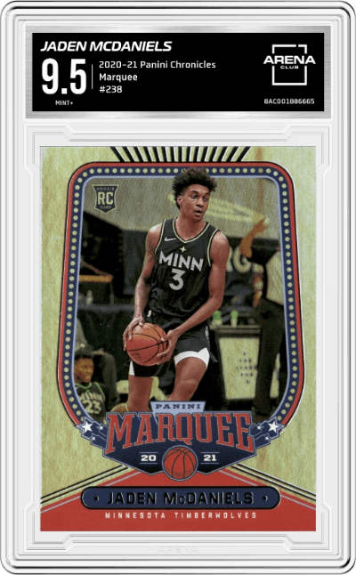 Jaden McDaniels from the 2020-21 Panini Chronicles set graded by Arena Club and given an overall grade of 9.5.