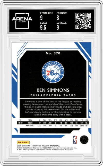 Ben Simmons from the 2020-21 Panini Chronicles set featuring a Blue parallel graded by Arena Club and given an overall grade of 8.5.