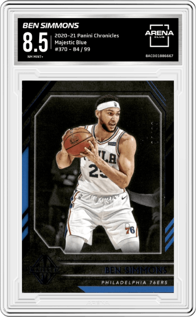 Ben Simmons from the 2020-21 Panini Chronicles set featuring a Blue parallel graded by Arena Club and given an overall grade of 8.5.