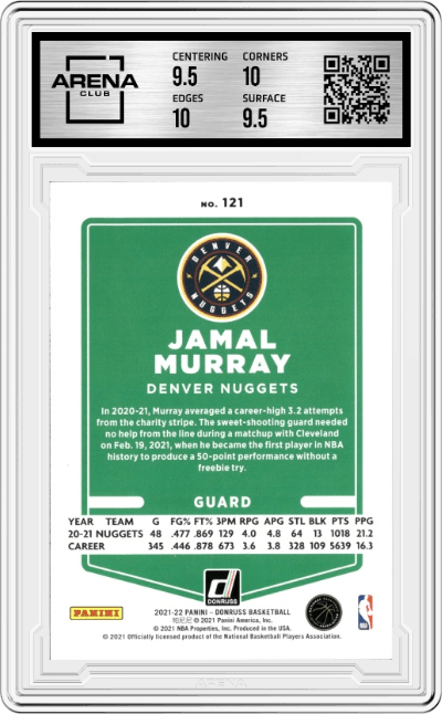 Jamal Murray from the 2021-22 Panini Donruss set featuring a Press Proof Purple parallel graded by Arena Club and given an overall grade of 10.