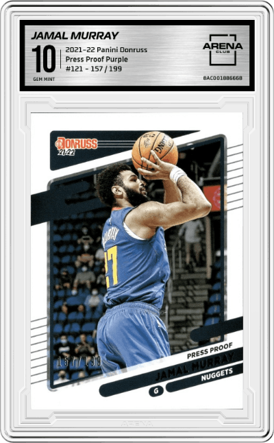 Jamal Murray from the 2021-22 Panini Donruss set featuring a Press Proof Purple parallel graded by Arena Club and given an overall grade of 10.