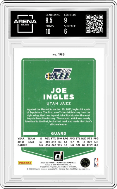 Joe Ingles from the 2021-22 Panini Donruss set featuring a Holo Laser parallel graded by Arena Club and given an overall grade of 6.5.