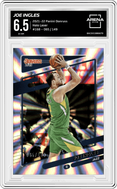 Joe Ingles from the 2021-22 Panini Donruss set featuring a Holo Laser parallel graded by Arena Club and given an overall grade of 6.5.