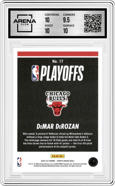Demar Derozan from the 2022-23 Panini NBA Hoops set graded by Arena Club and given an overall grade of 10.