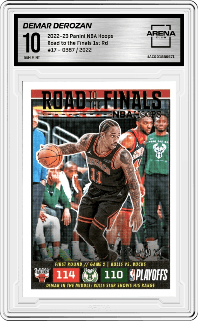 Demar Derozan from the 2022-23 Panini NBA Hoops set graded by Arena Club and given an overall grade of 10.