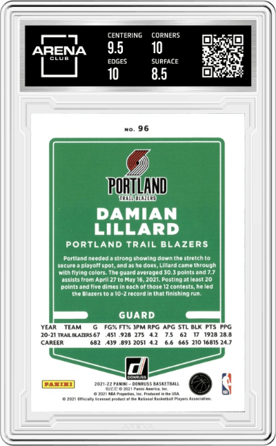 Damian Lillard from the 2021-22 Panini Donruss set featuring a Holo Laser parallel graded by Arena Club and given an overall grade of 9.