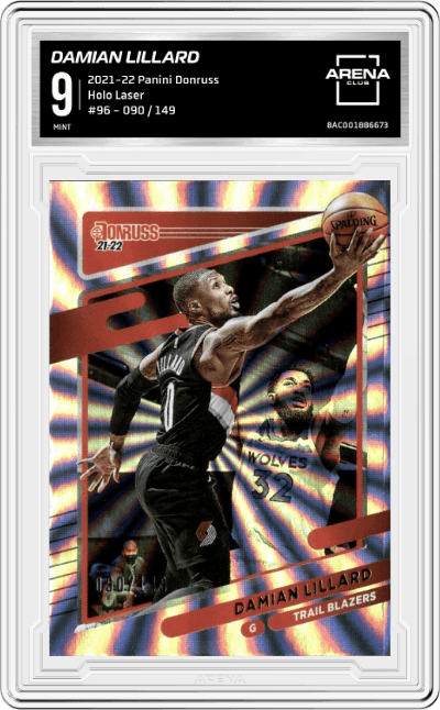 Damian Lillard from the 2021-22 Panini Donruss set featuring a Holo Laser parallel graded by Arena Club and given an overall grade of 9.