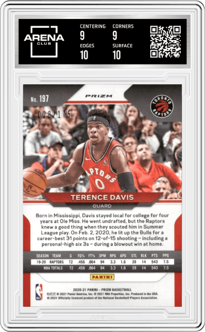 Terence Davis from the 2020-21 Panini Prizm set featuring a Purple Ice Prizm parallel graded by Arena Club and given an overall grade of 9.5.