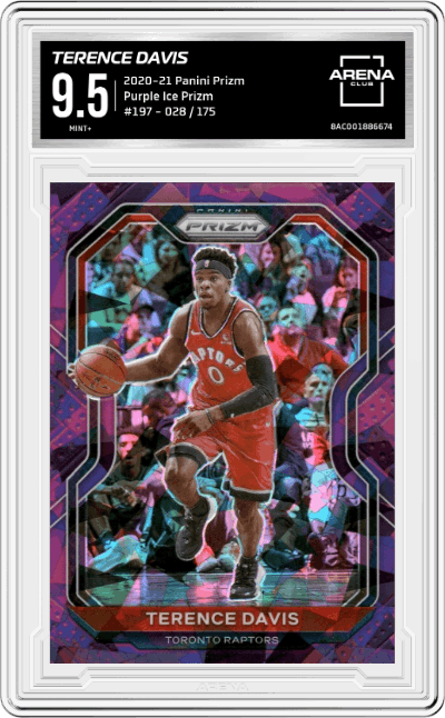 Terence Davis from the 2020-21 Panini Prizm set featuring a Purple Ice Prizm parallel graded by Arena Club and given an overall grade of 9.5.