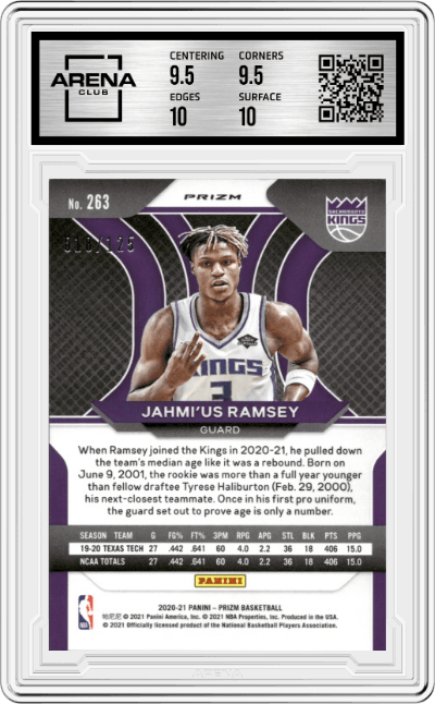 Jahmi'us Ramsey from the 2020-21 Panini Prizm set featuring a Blue Ice Prizm parallel graded by Arena Club and given an overall grade of 10.