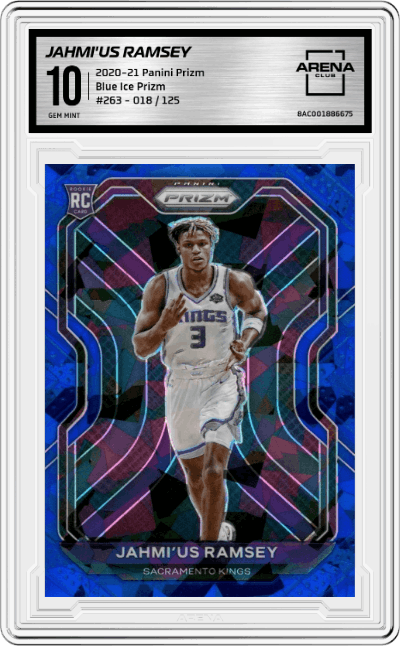 Jahmi'us Ramsey from the 2020-21 Panini Prizm set featuring a Blue Ice Prizm parallel graded by Arena Club and given an overall grade of 10.