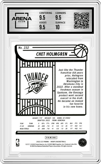 Chet Holmgren from the 2022-23 Panini NBA Hoops set graded by Arena Club and given an overall grade of 10.