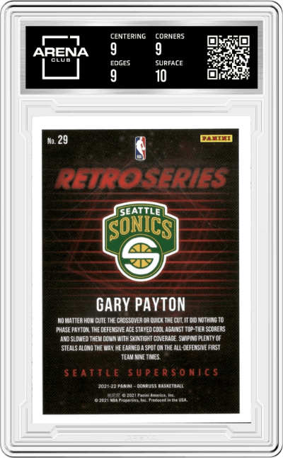 Gary Payton from the 2021-22 Panini Donruss set featuring a Press Proof parallel graded by Arena Club and given an overall grade of 9.5.