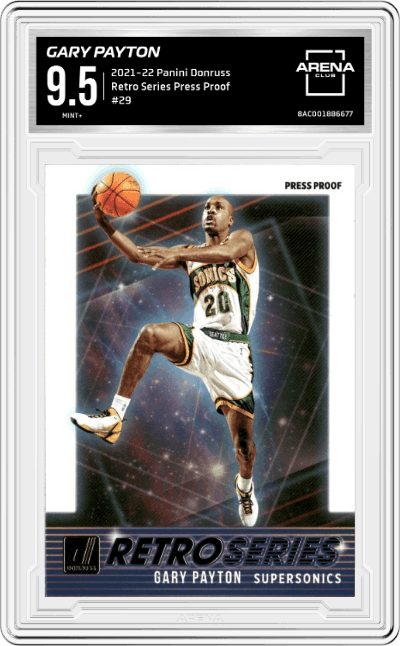 Gary Payton from the 2021-22 Panini Donruss set featuring a Press Proof parallel graded by Arena Club and given an overall grade of 9.5.