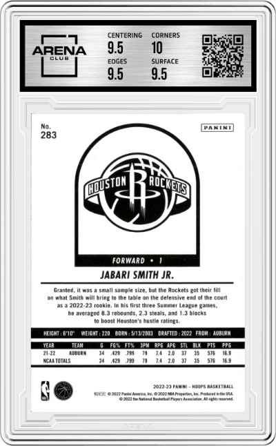 Jabari Smith Jr. from the 2022-23 Panini NBA Hoops set graded by Arena Club and given an overall grade of 10.