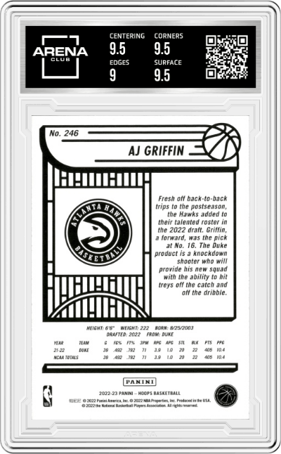 AJ Griffin from the 2022-23 Panini NBA Hoops set graded by Arena Club and given an overall grade of 9.5.