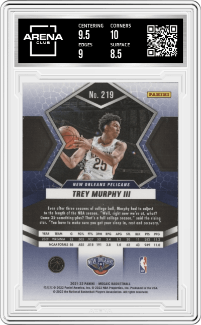 Trey Murphy III from the 2021-22 Panini Mosaic  set graded by Arena Club and given an overall grade of 9.