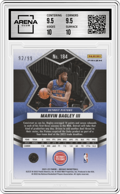 Marvin Bagley III from the 2021-22 Panini Mosaic  set featuring a Blue Mosaic parallel graded by Arena Club and given an overall grade of 10.