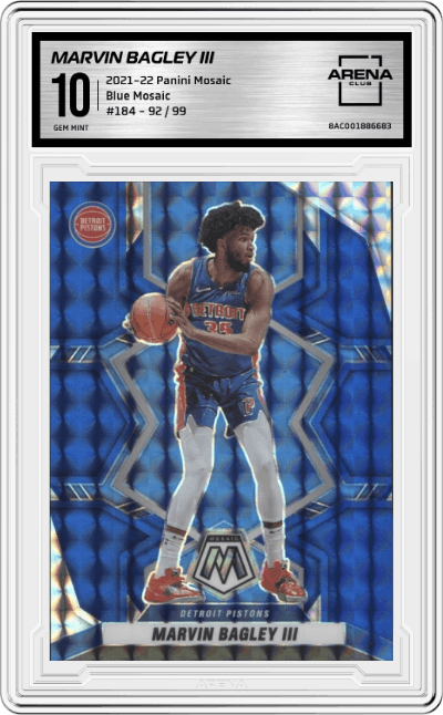 Marvin Bagley III from the 2021-22 Panini Mosaic  set featuring a Blue Mosaic parallel graded by Arena Club and given an overall grade of 10.