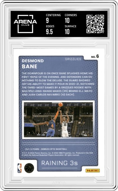 Desmond Bane from the 2021-22 Panini Donruss Optic set graded by Arena Club and given an overall grade of 9.5.
