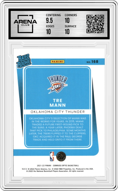 Tre Mann from the 2021-22 Panini Donruss Optic set graded by Arena Club and given an overall grade of 10.