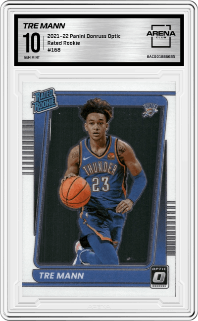 Tre Mann from the 2021-22 Panini Donruss Optic set graded by Arena Club and given an overall grade of 10.