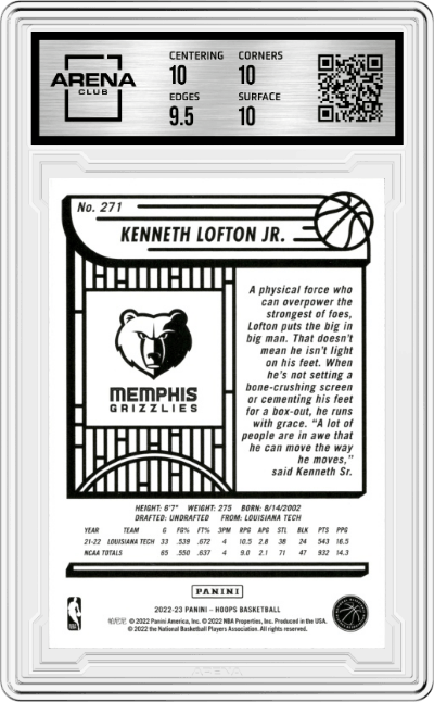 Kenneth Lofton Jr from the 2022-23 Panini NBA Hoops set graded by Arena Club and given an overall grade of 10.