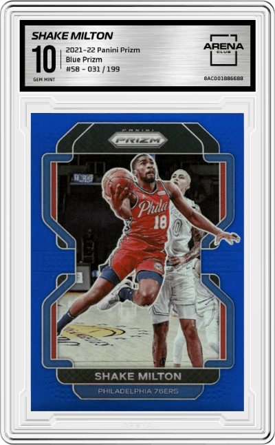 Shake Milton from the 2021-22 Panini Prizm  set featuring a Blue Prizm parallel graded by Arena Club and given an overall grade of 10.