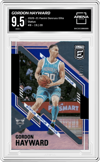 Gordon Hayward from the 2020-21 Panini Donruss Elite Basketball set featuring a Status parallel graded by Arena Club and given an overall grade of 9.5.