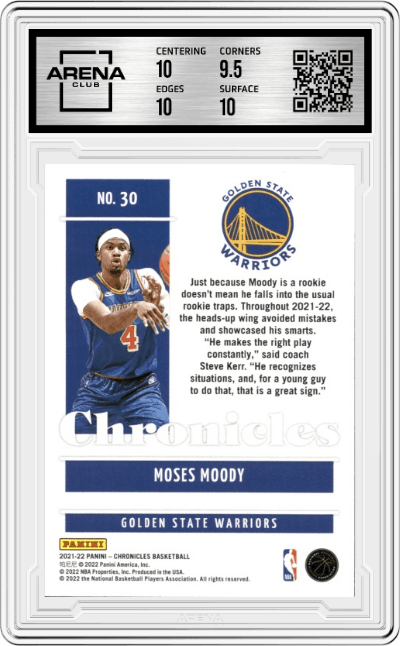 Moses Moody from the 2021-22 Panini Chronicles set graded by Arena Club and given an overall grade of 10.