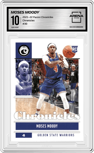 Moses Moody from the 2021-22 Panini Chronicles set graded by Arena Club and given an overall grade of 10.