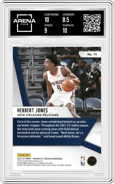 Herbert Jones from the 2021-22 Panini Chronicles set graded by Arena Club and given an overall grade of 9.