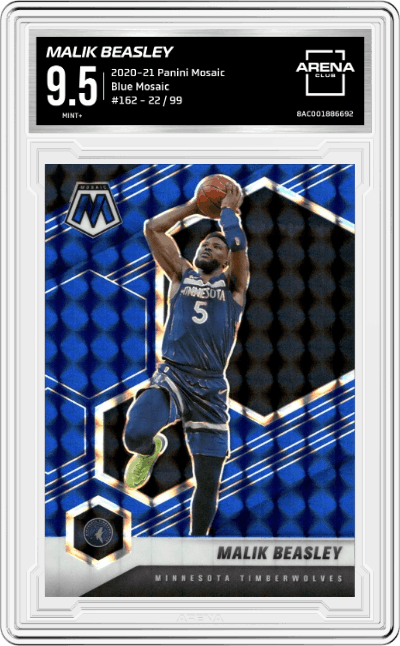 Malik Beasley  from the 2020-21 Panini Mosaic set featuring a Blue Mosaic parallel graded by Arena Club and given an overall grade of 9.5.