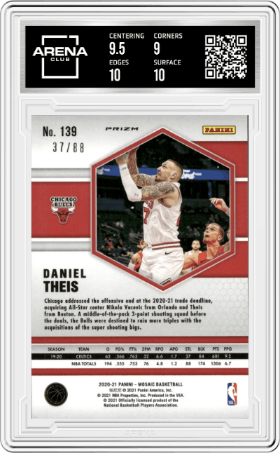 Daniel Theis from the 2020-21 Panini Mosaic set featuring a Choice Fusion Red & Yellow Mosaic parallel graded by Arena Club and given an overall grade of 9.5.