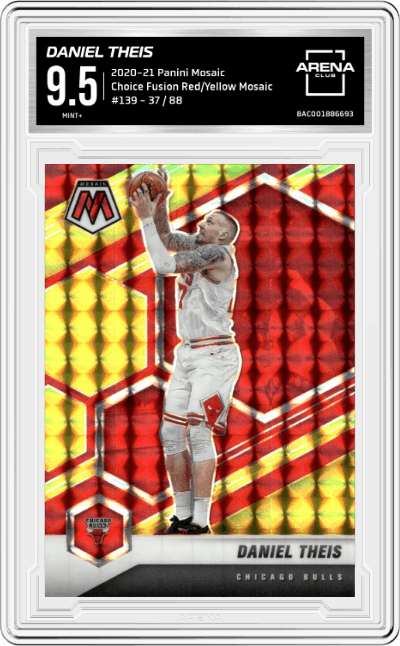 Daniel Theis from the 2020-21 Panini Mosaic set featuring a Choice Fusion Red & Yellow Mosaic parallel graded by Arena Club and given an overall grade of 9.5.